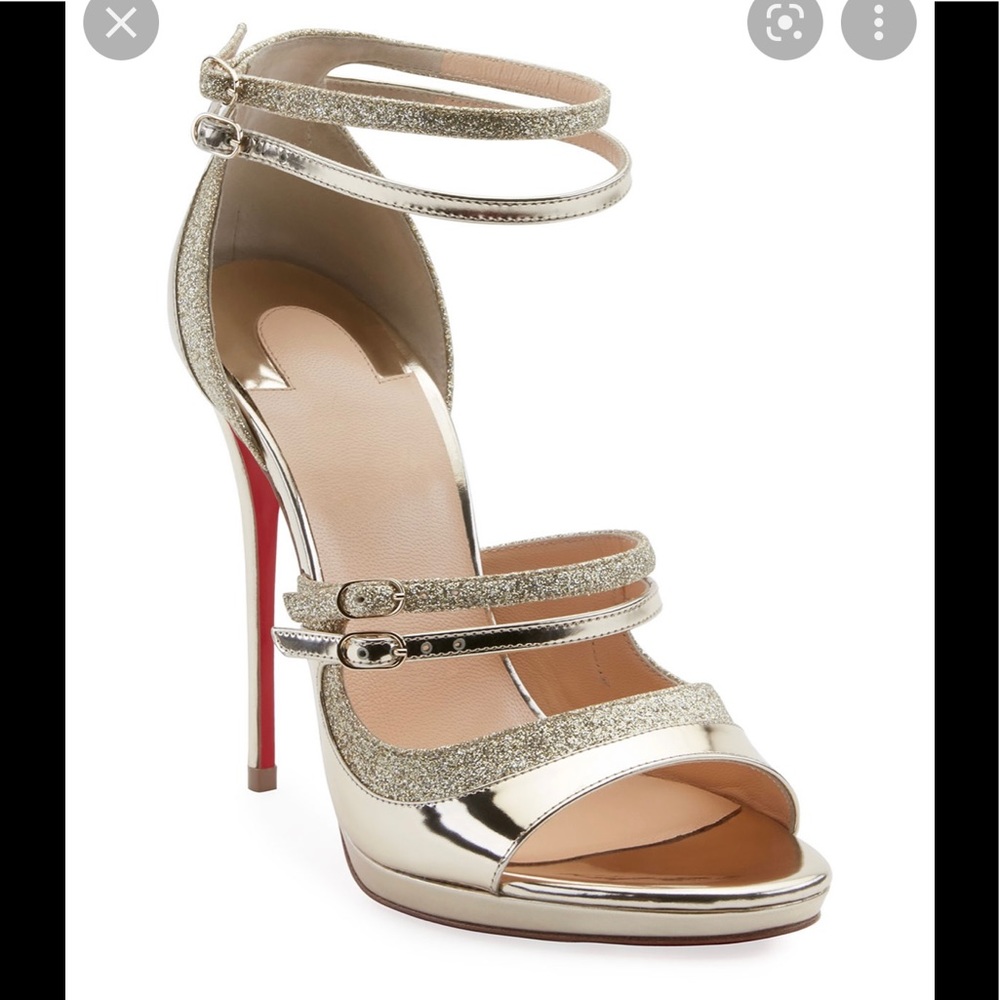 Christian Louboutin Gold Metallic and Glitter Strappy Stiletto Sandals